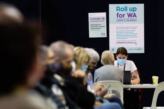 WA CORONAVIRUS COVID19, Members of the public wait to be vaccinated at the Claremont Showground mass vaccination centre in Perth, Monday, May 2, 2021. From today over-50s are eligible for the Covid-19 immunisation program at two mass public vaccination clinics in Perth. ( NO ARCHIVING, EDITORIAL USE ONLY, NO USE IN BOOKS WITHOUT CONSENT PERTH WA AUSTRALIA  Copyright: xRICHARDxWAINWRIGHTx 20210503001539409637