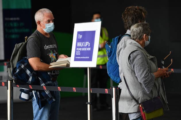 VICTORIA CORONAVIRUS COVID19, People are seen waiting in a line for a Covid19 vaccination at the Melbourne Convention and Exhibition Centre vaccination centre in Melbourne, Monday, May 3, 2021. All Australians over the age of 50 are eligible to receive a vaccination. ( NO ARCHIVING, EDITORIAL USE ONLY, NO USE IN BOOKS WITHOUT CONSENT MELBOURNE VIC AUSTRALIA  Copyright: xJAMESxROSSx 20210503001539412203