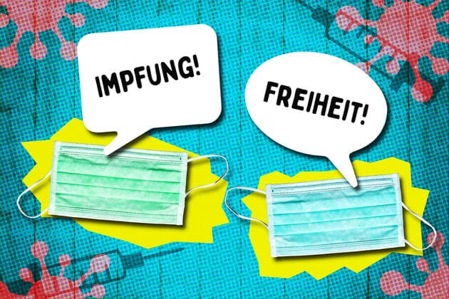 PHOTOMONTAGE, protective masks with speech bubbles, theme vaccination and freedom rights ** NUR FUER REDAKTIONELLE ZWECKE ** EDITORIAL USE ONLY **