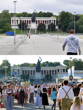 Due to Coronavirus Pandemic Oktoberfest will be cancelled again in 2021 Without the Wiesn, the huge fairground in front of the Ruhmeshalle and the Bavaria Statue will be completely empty.