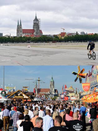 Theme photo Theresienwiese in Munich in Corona times and before Due to Corona virus pandemic Oktoberfest cancels also 2021 Without the Wiesn there is a yawning emptiness on the huge festival site