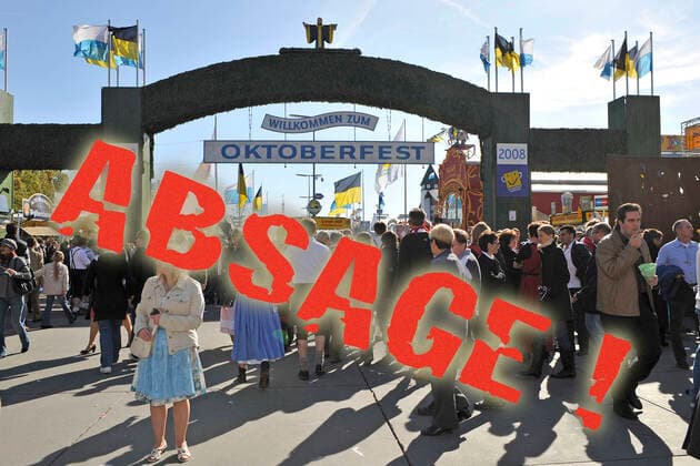 FOTOMONTAGE Due to Coronavirus Pandemic Oktoberfest will also be cancelled in 2021 Archive Photo Entrance to Oktoberfest,Wiesn,Tents,Visitors,People,Crowds,Sun,Day,View over Theresienwiese ,Oktoberfest Munich 01 10 2008