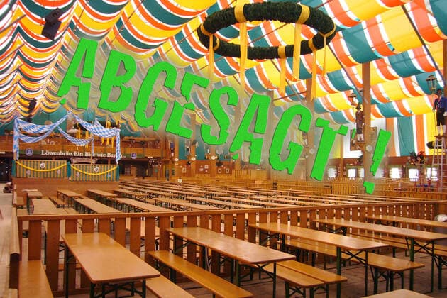 FOTOMONTAGE Because of Coronavirus Pandemic Oktoberfest cancels also 2021 Archive photo empty festival tent, beer bars, beer tables, interior, Oktoberfest Munich, Wiesn, meadows, Theresienwiese, 21 09 2006