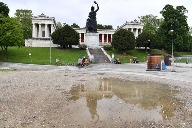 Due to Coronavirus Pandemic Oktoberfest will also be cancelled in 2021 Theresienwiese in Munich, Ruhmeshalle with the Bavaria Statue on 14 05 2020 After the cancellation of the Wiesn,Oktoberfest nothing will be done on the huge festival ground