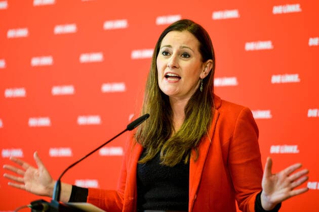 Berlin, Germany 3 May 2021 Press Statement Die Linke Party Chairwoman Janine Wissler 03 05 2021 Pictured Party Chairwoman Janine Wissler Die Linke gestures at lectern Karl Liebknecht Haus Berlin Copyright: xFotostandx xReuhlx