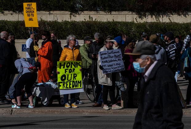 May 3, 2021, EDMONTON, ab, Canada: Supporters of Pastor James Coates protest outside the courthouse as his trial begins in Edmonton, Alta, on Monday May 3, 2021. Coates of GraceLife Church spent a month in jail for violating a bail condition not to hold church services that officials have said ignored measures on capacity limits, physical distancing and masking. EDMONTON Canada  - ZUMAc35_ 20210503_zaf_c35_050 Copyright: xJasonxFransonx