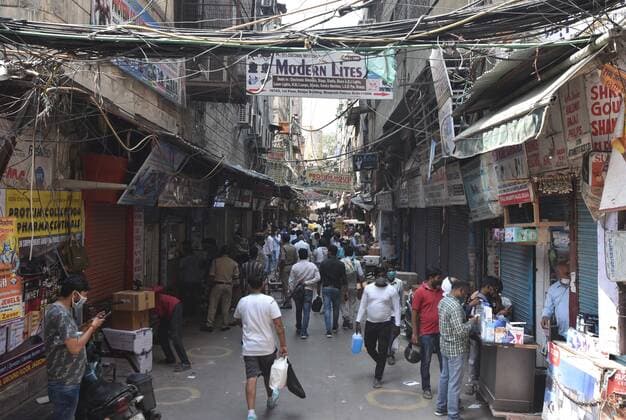 NEW DELHI, INDIA - MAY 3: Heavy rush at Delhi s largest wholesale market for medicines, Bhagirath Palace in Chandni Chowk during the three week lockdown due to Covid 19 pandemic on May 3, 2021 in New Delhi, India. Bhagirath Palace has been essential in the capital?s war against Covid-19, being the state?s largest wholesale market for medicines. It was open even during the lockdown period because the shops were listed under essential services. (Photo by Sonu Mehta Hindustan Times) Heavy Rush At Delhi s Largest Wholesale Medicine Market Bhagirath Palace