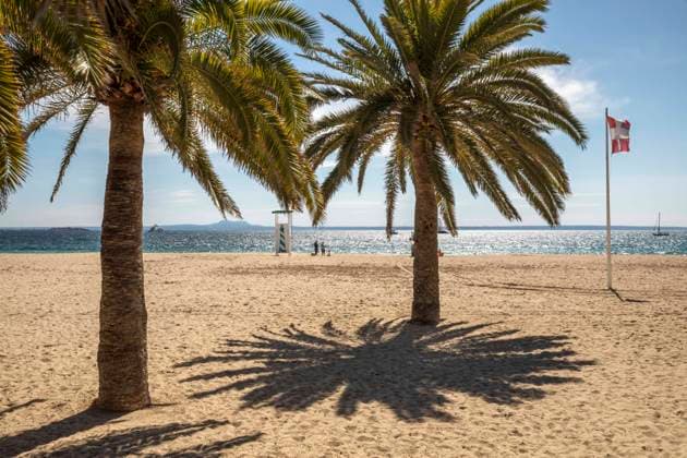 May 3, 2021, Palmanova, Mallorca, Spain: Beach life in Palmanova with palm trees, tourists, residents and kite surfer in Mallorca. Palmanova Spain - ZUMAm210 20210503_ztp_m210_012 Copyright: xJohn-PatrickxMorarescux