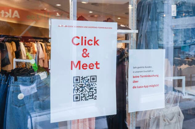 Coesfeld, North Rhine Westphalia, Germany Retail in times of the Corona Pandemic, Coesfeld district starts as a model region in NRW with relaxations, here is shopping again without prior appointment possible, a fashion store offers Click Meet, directly on site with mobile phone QR code scan and shop immediately Coesfeld North Rhine Westphalia Germany