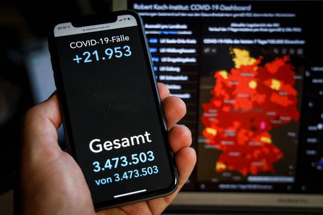 Coronavirus in Germany Covid 19 Dashboard of the Robert Koch Institute 06 05 2021 Robert Koch Institute 7 days Incidence 129.1 7 days Number of cases 107 400 COVID 19 cases 3 473 503 Addition of 21 953 compared to the previous day COVID 19 deaths 84 126 Addition of 250 compared to the previous day