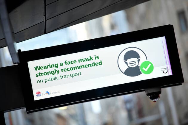 NSW CORONAVIRUS COVID19, A notice advising passengers should wear face masks on a light rail service in Sydney, Thursday, May 6, 2021. In Sydney, the Blue Mountains, the Central Coast and Illawarra, masks will be compulsory at all public indoor venues and on public transport from 5pm on Thursday while visitors in homes will be capped at 20. ( NO ARCHIVING, EDITORIAL USE ONLY, NO USE IN BOOKS WITHOUT CONSENT SYDNEY NSW AUSTRALIA  Copyright: xJOELxCARRETTx 20210506001540057910
