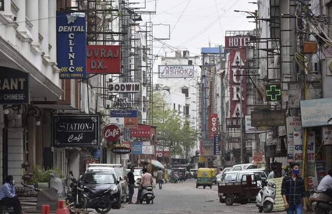 NEW DELHI, INDIA - MAY 6: View of closed Hotels at Paharganj during the three week lockdown due to Covid 19 pandemic on May 6, 2021 in New Delhi, India. In view of the Covid situation the lockdown in the national capital has been extended till May 10.(Photo by Mohd Zakir Hindustan Times) Lockdown In Delhi To Due To Covid 19 Pandemic