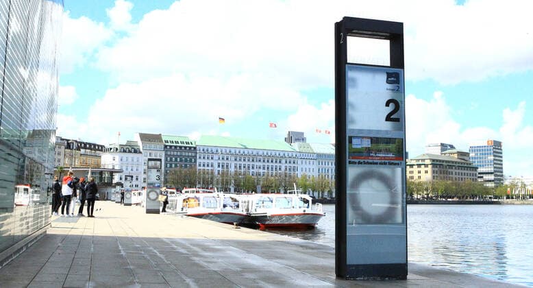 Almost deserted pier at Jungfernstieg in Hamburg city centre during the lockdown Altstadt Hamburg