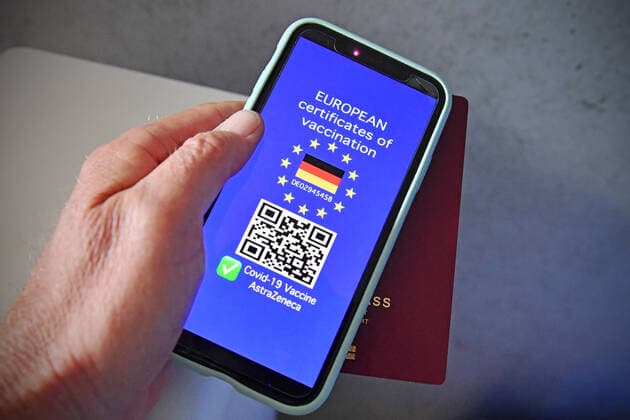 Theme picture Symbol photo A European-wide recognized proof is to make soon far-reaching liberties possible for inoculated ones Digital European Union inoculation document, inoculation certificate on a Smartphone Digital inoculation passport, inoculation confirmation, inoculation document, pro