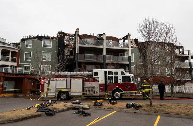 May 6, 2021, EDMONTON, ab, Canada: Firefighters investigate a fire at the Citadel Mews retirement home in St. Albert, Alta., on Friday, May 7, 2021. Three people were taken to hospital as a result of the fire. Citadel Mews is a combination of independent living and assisted living, along with Citadel Care Centre, a long-term care facility. EDMONTON Canada  - ZUMAc35_ 20210506_zaf_c35_179 Copyright: xJasonxFransonx