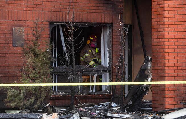 May 7, 2021, EDMONTON, ab, Canada: Firefighters investigate a fire at the Citadel Mews retirement home in St. Albert, Alta., on Friday, May 7, 2021. Three people were taken to hospital as a result of the fire. Citadel Mews is a combination of independent living and assisted living, along with Citadel Care Centre, a long-term care facility. EDMONTON Canada  - ZUMAc35_ 20210507_zaf_c35_088 Copyright: xJasonxFransonx