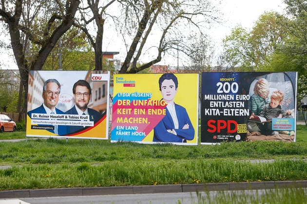 06 05 2021, xtgx, politics, state election in Saxony-Anhalt, posters of the CDU, FDP and SPD, coalition black yellow red Magdeburg