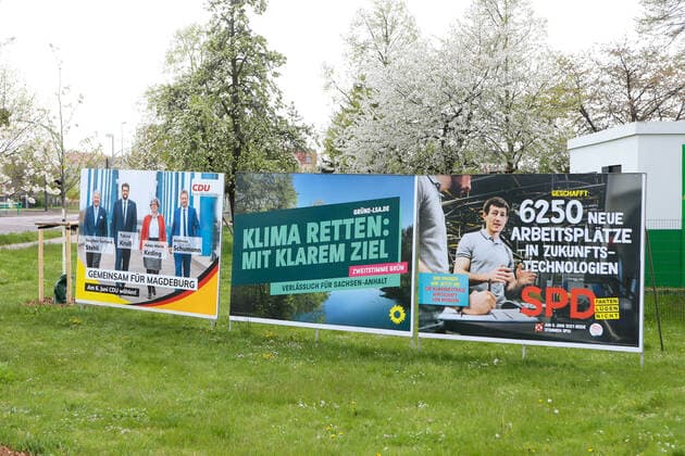 06 05 2021, xtgx, politics, state election in Saxony-Anhalt, posters of the CDU, the Greens and the SPD, Kenya coalition, black red green Magdeburg
