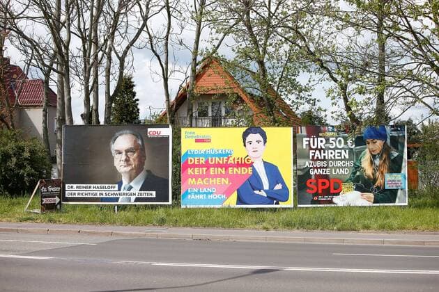 06 05 2021, xtgx, politics, state election in Saxony-Anhalt, posters of the CDU, FDP and SPD, coalition black, yellow, red Magdeburg