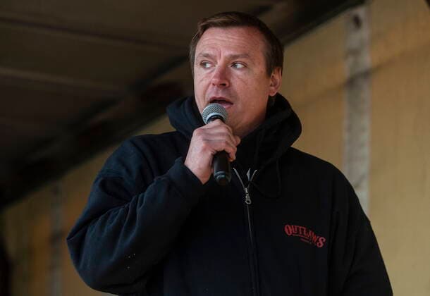 May 8, 2021, Mirror, ab, Canada: Chris Scott, owner of the Whistle Stop Cafe speaks during a rally against measures taken by government and health authorities to curb the spread of COVID-19 at his cafe in Mirror Alta, on Saturday May 8, 2021. The Whistle Stop was shut down by AHS for not complying with COVID-19 rules. Mirror Canada  - ZUMAc35_ 20210508_zaf_c35_067 Copyright: xJasonxFransonx