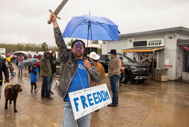 May 8, 2021, Mirror, ab, Canada: Supporters gather during a rally against measures taken by government and health authorities to curb the spread of COVID-19 at the Whistle Stop cafe in Mirror Alta, on Saturday May 8, 2021. The Whistle Stop was shut down by AHS for not complying with COVID-19 rules. Mirror Canada  - ZUMAc35_ 20210508_zaf_c35_079 Copyright: xJasonxFransonx