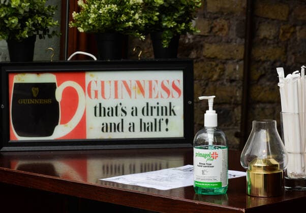 Daily Life In Dublin During COVID-19 Lockdown A hand sanitizer on the table that serves as a take-away desk at the entrance to a pub in Dublin city center, during the final days of the COVID-19 lockdown. On Sunday, 9 May 2021, in Dublin, Ireland. Dublin Ireland widak-dublinda210509_npPjD  Copyright: xArturxWidakx