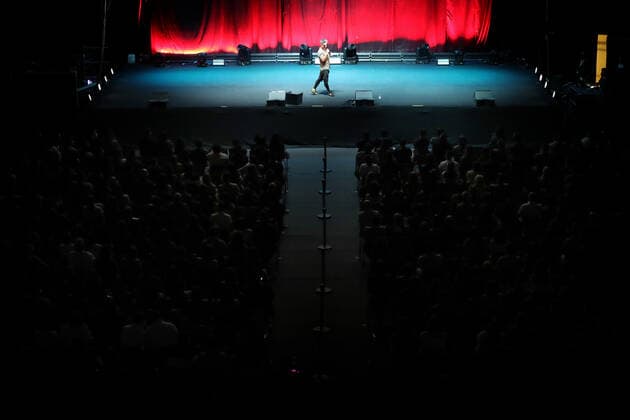 Post-Lockdown comedy pilot test event in Portugal Portuguese comedian Tio Jel performs during a comedy pilot test event at Campo Pequeno in Lisbon, Portugal, on May 9, 2021. The fourth lockdown easing pilot test event in Portugal to assess the feasibility of cultural shows with audiences, took place in Lisbon on Sunday, with a comedy show at Campo Pequeno with a capacity of 1,000 spectators. The use of masks during the entire show was compulsory as well as a prior negative result from an antigen test. Lisbon Portugal fiuza-postlock210509_npjSH  Copyright: xPedroxFiuzax