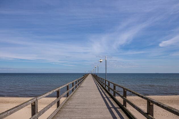 The pier in the seaside resort Bansin is currently deserted GER, Usedom, Kaiserbäder, Basin, Heringsdorf, seaside resort, Vorpommern Greifswald, Mecklenburg Vorpommern, travel, vacation, Baltic Sea, beach Bansin Mecklenburg Vorpommern Germany pier