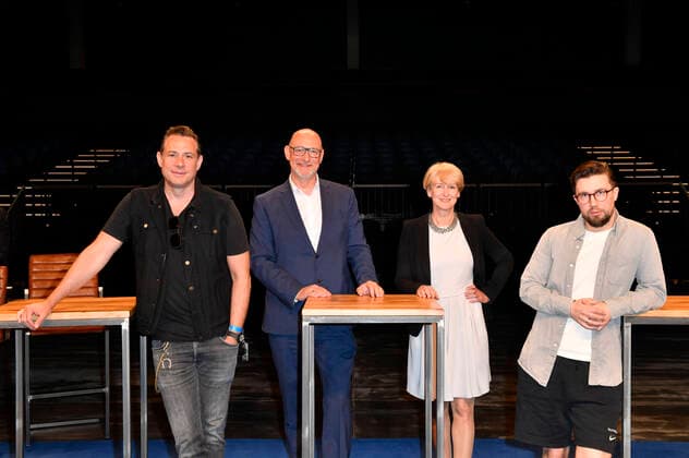Sascha Vollmer of The BossHoss, Jörg Franzen, Claudia Grosse Leege and Prinz Pi at the press conference for the emergency aid project hierspieltdiemusik to support the Berlin music scene in the Verti Music Hall Berlin, 10 05 2021 Foto:xF.xKernx xFuturexImage