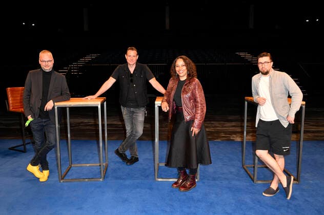 Dr Thomas Schmidt Ott, Sascha Vollmer from The BossHoss, Pat Appleton and Prinz Pi at the press conference for the emergency aid project hierspieltdiemusik to support the Berlin music scene in the Verti Music Hall Berlin, 10 05 2021 Foto:xF.xKernx xFuturexImage