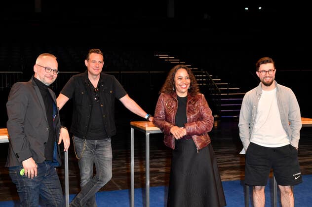 Dr Thomas Schmidt Ott, Sascha Vollmer from The BossHoss, Pat Appleton and Prinz Pi at the press conference for the emergency aid project hierspieltdiemusik to support the Berlin music scene in the Verti Music Hall Berlin, 10 05 2021 Foto:xF.xKernx xFuturexImage