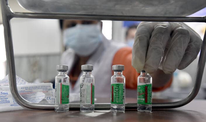 NEW DELHI, INDIA - MAY 10: A view of Covishield Covid vaccine, the age group of 18 to 44 vaccination Drive at a Government School Sarvodaya Kanya Vidyalaya, West Vinod Nagar, Patpatganj on May 10, 2021 in New Delhi, India. (Photo by Sonu Mehta Hindustan Times) Covid Vaccination Drive In Delhi