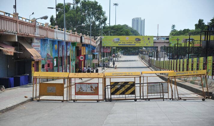 (210511) -- BANGALORE, May 11, 2021 () -- A road is barricaded as the Karnataka State government has announced strict 14-day lockdown to contain the spread of COVID-19 in Bangalore, India, May 10, 2021. (Str ) INDIA-BANGALORE-COVID-19-LOCKDOWN Xinhua 