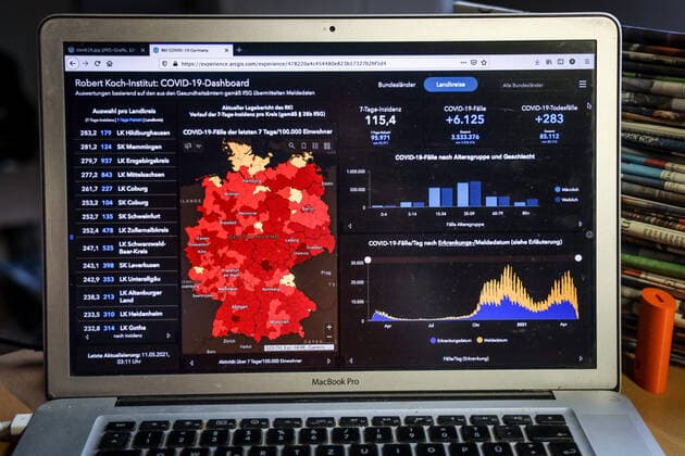 Coronavirus in Germany Covid 19 Dashboard of the Robert Koch Institute 11 05 2021 Robert Koch Institute 7 days Incidence 115.4 7 days Number of cases 95 971 COVID 19 cases 3 533 376 Addition of 6 125 compared to the previous day COVID 19 deaths 85 112 Addition of 283 compared to the previous day