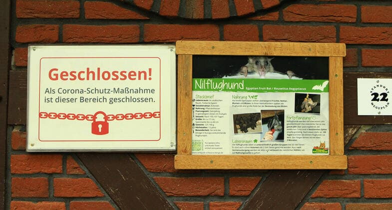 In the Schwarze Berge Game Park in Rosengarten, Lower Saxony, a sign informs visitors that this area is closed due to Corona protection measures Rosengarten Lower Saxony