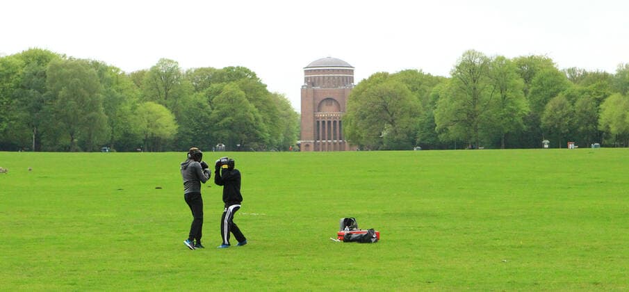 Nearly deserted Hamburg Stadtpark on Ascension Day Because of contact restrictions, very few people were out and about on Fathers Day 2021 in Stadtpark, which was a hotspot of Fathers Day tours in the pre-pandemic era Winterhude Hamburg