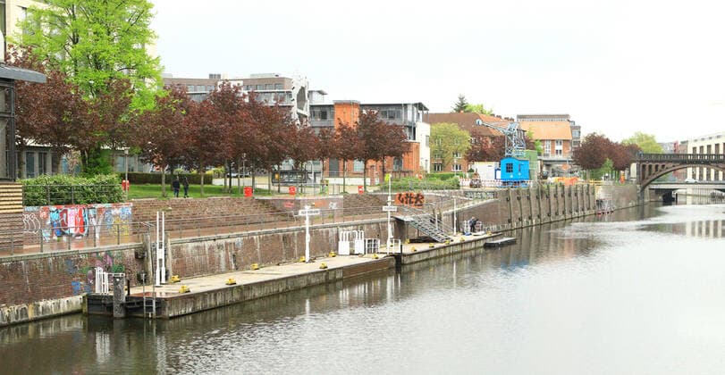 Empty jetty at the Osterbek canal on Ascension Day 2021 Because of the contact restrictions, hardly any people were out and about on Fathers Day in Hamburg Barmbek Hamburg