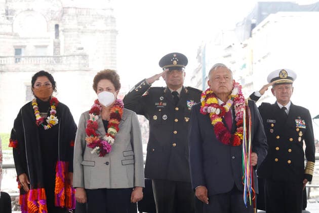 Ceremony Of The Founding Of Tenochtitlan MEXICO CITY, MEXICO - MAY 13: Mexico s President, Andres Manuel Lopez Obrador, accompanied by the former president of Brazil, Dilma Rousseff, during the ceremony Mexico - Tenochtitlan, more than seven centuries of history at the Museo del Templo Mayor on May 13, 2021 in Mexico City, Mexico. Copyright: xLuisxBarronx EYEPIXGROUP_LB_13052021_6884