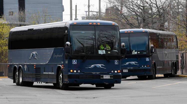 May 7, 2020, Ottawa, on, Canada: A Greyhound bus is driven out of the bus terminal in Ottawa Thursday May 7, 2020 in Ottawa. Greyhound Canada is permanently cutting all bus routes across the country, shutting down the intercity bus carrierÃ¢â‚¬â ¢s operations in Canada after nearly a century of service. Ottawa Canada  - ZUMAc35_ 20200507_zaf_c35_114 Copyright: xAdrianxWyldx