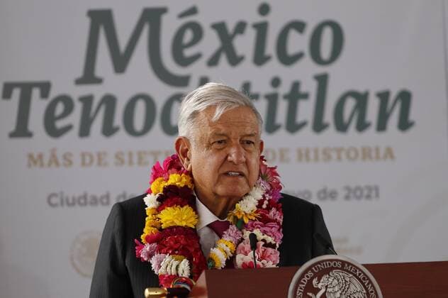 The president of Mexico, Andres Manuel Lopez Obrador, speaks during the commemoration of the 700 years of founding of Mexico-Tenochtitlan, currently Mexico City, in the archaeological zone of the Templo Mayor, in Mexico City, Mexico, 13 May 2021. Lopez Obrador and Dilma Rousseff claimed this Thursday the cultural legacy of the Mexican capital of Mexico-Tenochtitlan, present-day Mexico City, by celebrating 700 years of its founding, a date questioned by historians. As long as the world exists, the glory or fame of Mexico-Tenochtitlan will not end, said Lopez Obrador, paraphrasing an old Nahua proverb, a culture that has been established for centuries in the Valley of Mexico, in the center of the country. EFE Jose Mendez Lopez Obrador and  Copyright: xJosexMendezx MEX1884 20210513-637565362026208488