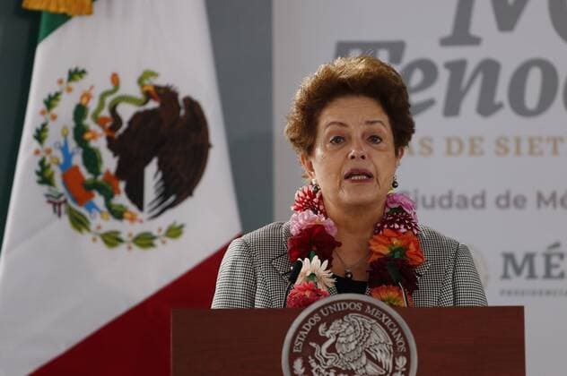Former president of Brazil Dilma Rousseff speaks during the commemoration of the 700 years of founding of Mexico-Tenochtitlan, currently Mexico City, in the archaeological zone of the Templo Mayor, in Mexico City, Mexico, 13 May 2021. Lopez Obrador and Dilma Rousseff claimed this Thursday the cultural legacy of the Mexican capital of Mexico-Tenochtitlan, present-day Mexico City, by celebrating 700 years of its founding, a date questioned by historians. As long as the world exists, the glory or fame of Mexico-Tenochtitlan will not end, said Lopez Obrador, paraphrasing an old Nahua proverb, a culture that has been established for centuries in the Valley of Mexico, in the center of the country. EFE Jose Mendez Lopez Obrador and Roussef cla  Copyright: xJosexMendezx MEX1867 20210513-637565362036364805