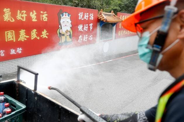 May 14, 2021, New Taipei, New Taipei, Taiwan: Disinfection team sanitize the popular tourist spot Hunglidi Mountain in New Taipei, as Taiwan recorded 29 more domestic cases on Friday following a cluster with no clear source of infections. Taiwan Central Epidemic Control Center has raised the Covid alert to a higher level, suspending large gatherings, activities and make eating or drinking prohibited on public transports, and some local governments have beefed up sanitisation measures. New Taipei Taiwan - ZUMAs313 20210514_zip_s313_021 Copyright: xDanielxCengxShou-Yix