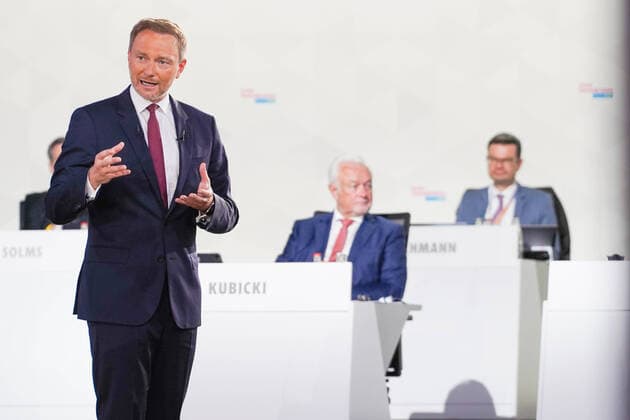 14 05 2021,Berlin,Germany,GER,Federal Party Conference of the FDP Speech by Christian Lindner Wolfgang Kubicki can be seen in the background.
