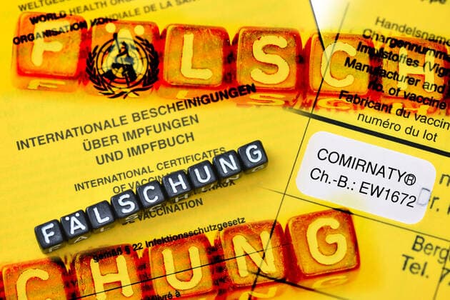 PHOTOMONTAGE, Forged vaccination certificate, symbol photo ** NUR FUER REDAKTIONELLE ZWECKE ** EDITORIAL USE ONLY **