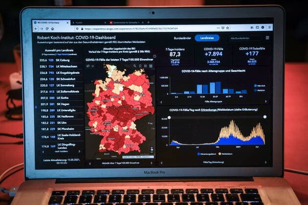 Coronavirus in Germany Covid 19 Dashboard of the Robert Koch Institute 15 05 2021 Robert Koch Institute 7 days Incidence 87.3 7 days Number of cases 72 616 COVID 19 Cases 3 584 934 Addition of 7 894 compared to the previous day COVID 19 Deaths 86 025 Addition of 177 compared to the previous day