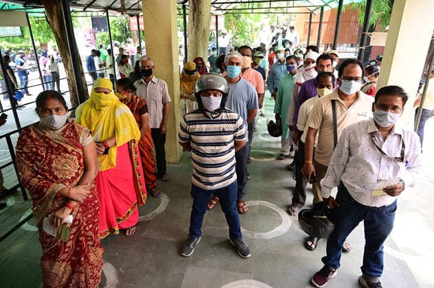 May 15, 2021, Prayagraj, Uttar Pradesh, India: Prayagraj: Citizen stand in queue to take a dose of COVID-19 vaccine at Tej Bahadur Sapru District Hospital in Prayagraj on Saturday, May 15, 2021. Prayagraj India - ZUMAv115 20210515_zap_v115_013 Copyright: xPrabhatxKumarxVermax