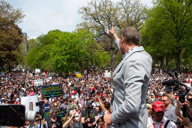 May 15, 2021, Toronto, on, Canada: Maxime Bernier, Leader of the People s Party of Canada speaks to the crowd as protesters gather to demonstrate against measures taken by government and public health authorities to curb the spread of COVID-19, in Toronto, Saturday, May 15, 2021. Toronto Canada  - ZUMAc35_ 20210515_zaf_c35_020 Copyright: xChrisxYoungx