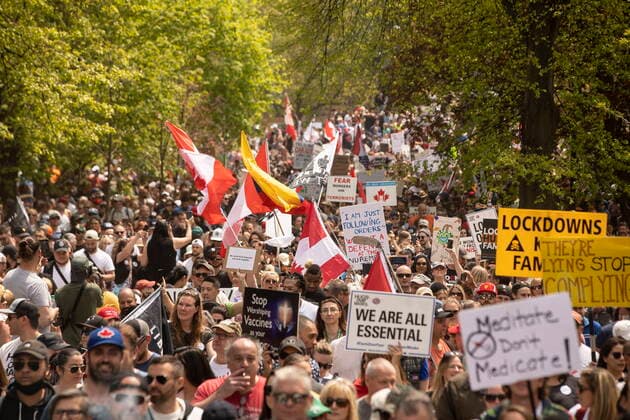 May 15, 2021, Toronto, on, Canada: Protesters march after gathering to demonstrate against measures taken by government and public health authorities to curb the spread of COVID-19, in Toronto, Saturday, May 15, 2021. Toronto Canada  - ZUMAc35_ 20210515_zaf_c35_022 Copyright: xChrisxYoungx