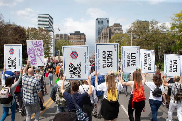 May 15, 2021, Toronto, on, Canada: Protesters demonstrate against measures taken by government and public health authorities to curb the spread of COVID-19, in Toronto, Saturday, May 15, 2021. Toronto Canada  - ZUMAc35_ 20210515_zaf_c35_056 Copyright: xChrisxYoungx
