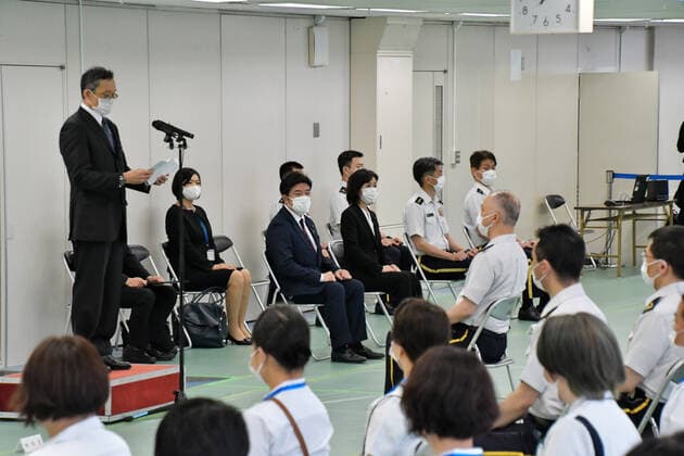 Tokyo operation units commander and Director of Self-defence forces central hospital, Koji Fukushima speaks during a launch ceremony for Japan Self?Defense Forces large-scale Covid-19 vaccination centres in Tokyo, Japan on Monday, May 17, 2021. This centre will open on May 24, 2021. Tokyo operation units organize Ground, Air and Maritime Self?Defense Forces (Army, Air force and Navy) 240 officer and private 110 medical worker out of 350 members.  TKP2021051734 KEIZOxMORI